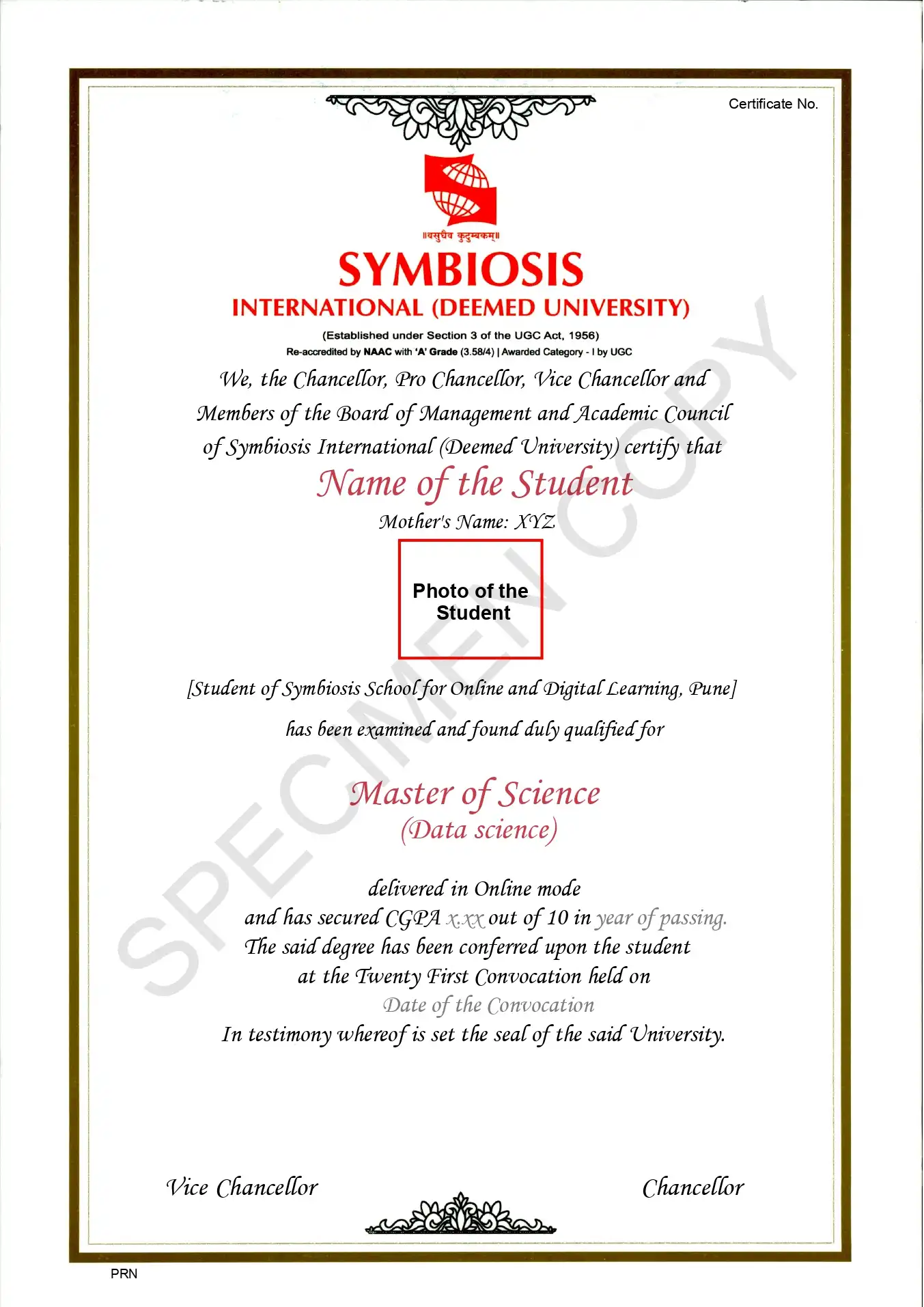 Symbiosis Online MSc Degree Certificate Sample