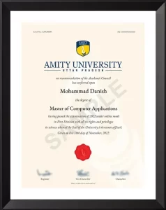Amity Online MCA Degree Certificate Sample