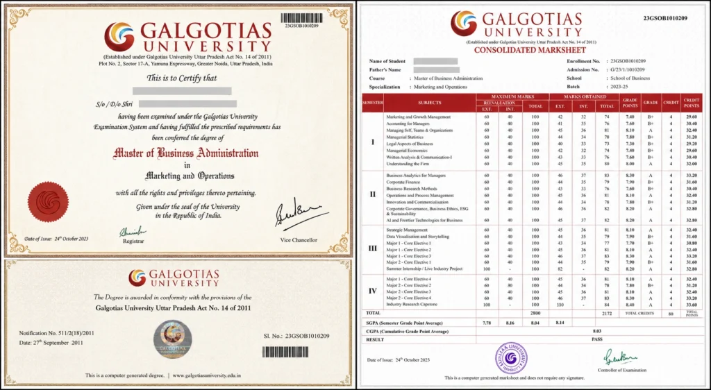 Galgotias Online MBA Dergree Certificate Sample