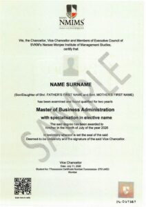 NMIMS Online MBA Degree Certificate Sample